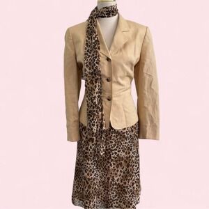 Le Suit 3-Piece Tan & Leopard Print Blazer, Skirt & Scarf Set — Size 12